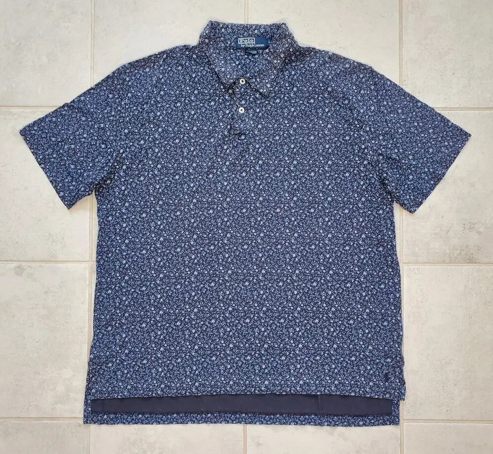 Polo Ralph Lauren Men's Large Golf Polo Shirt Blue Floral Cotton Stretch Vintage